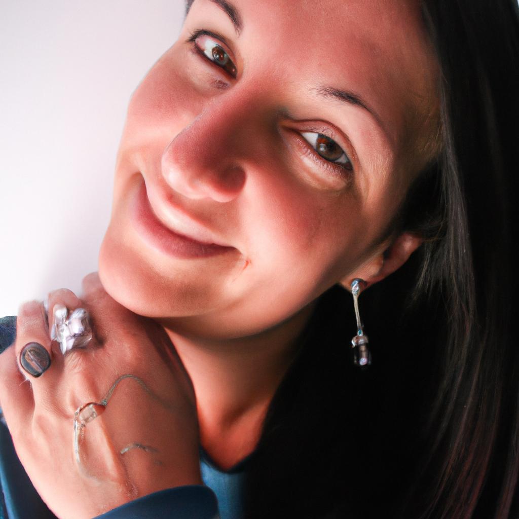 Woman wearing Pandora rings, smiling